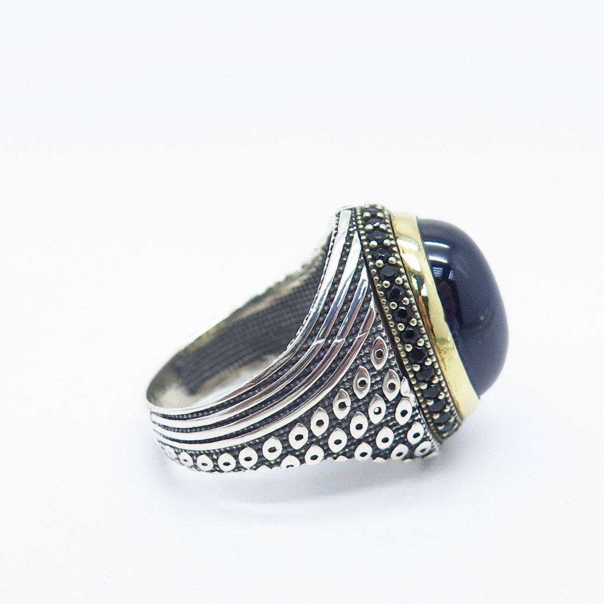 925 Sterling Silver 2-Tone Vintage Melanite Gem & Blue Glass Ring Size 10.25