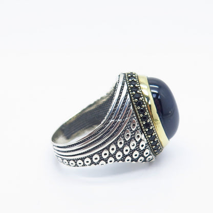 925 Sterling Silver 2-Tone Vintage Melanite Gem & Blue Glass Ring Size 10.25