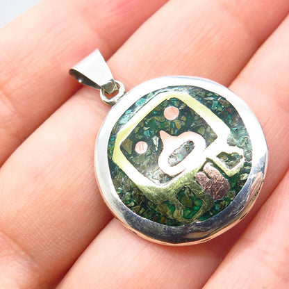 925 Sterling Silver 3-Tone Vintage Real Turquoise Gem Inlay Tribal Pendant