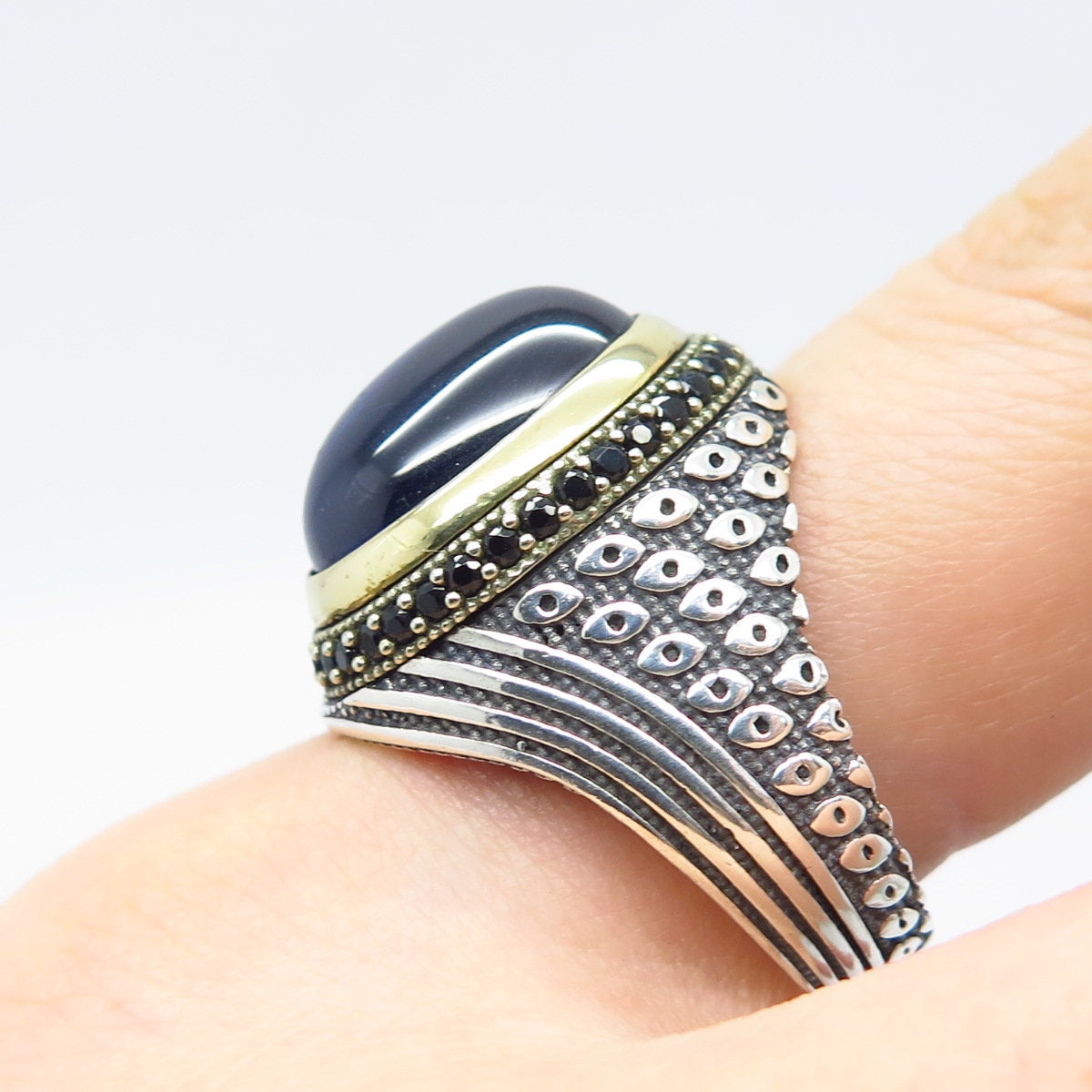 925 Sterling Silver 2-Tone Vintage Melanite Gem & Blue Glass Ring Size 10.25