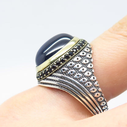 925 Sterling Silver 2-Tone Vintage Melanite Gem & Blue Glass Ring Size 10.25