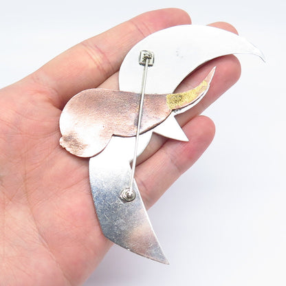 925 Sterling Silver 2-Tone Vintage Real Opal Gemstone Flying Bird Pin Brooch