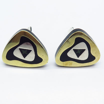 925 Sterling Silver 2-Tone Vintage Real Black Onyx & Turquoise Inlay Cufflinks