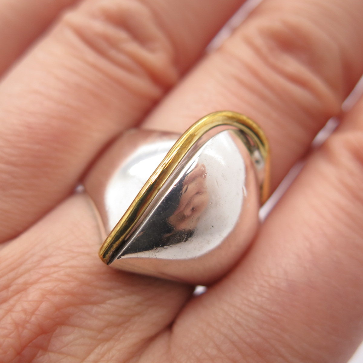 925 Sterling Silver 2-Tone Vintage Mexico Modernist Ring Size 7