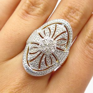 925 Sterling Silver Gold Plated Real White Diamond Ornate Oval Ring Size 6.25