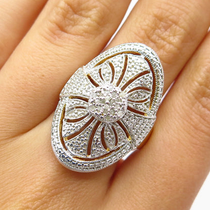 925 Sterling Silver Gold Plated Real White Diamond Ornate Oval Ring Size 6.25