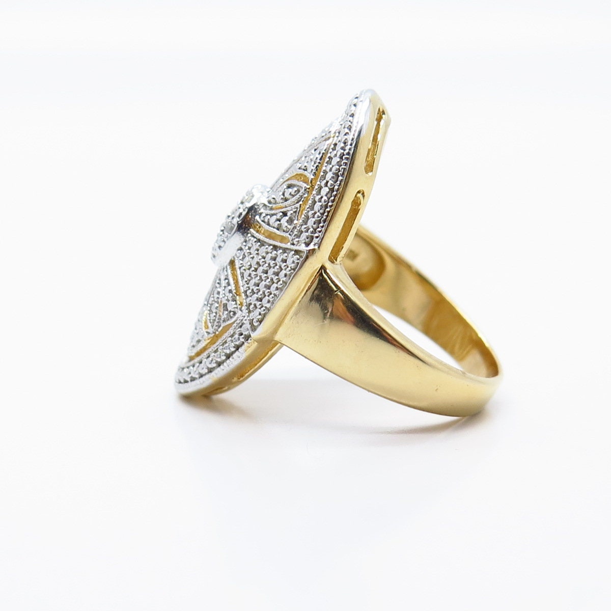 925 Sterling Silver Gold Plated Real White Diamond Ornate Oval Ring Size 6.25