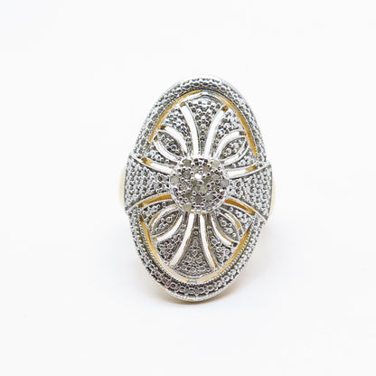 925 Sterling Silver Gold Plated Real White Diamond Ornate Oval Ring Size 6.25