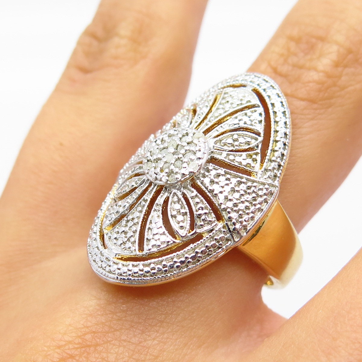 925 Sterling Silver Gold Plated Real White Diamond Ornate Oval Ring Size 6.25