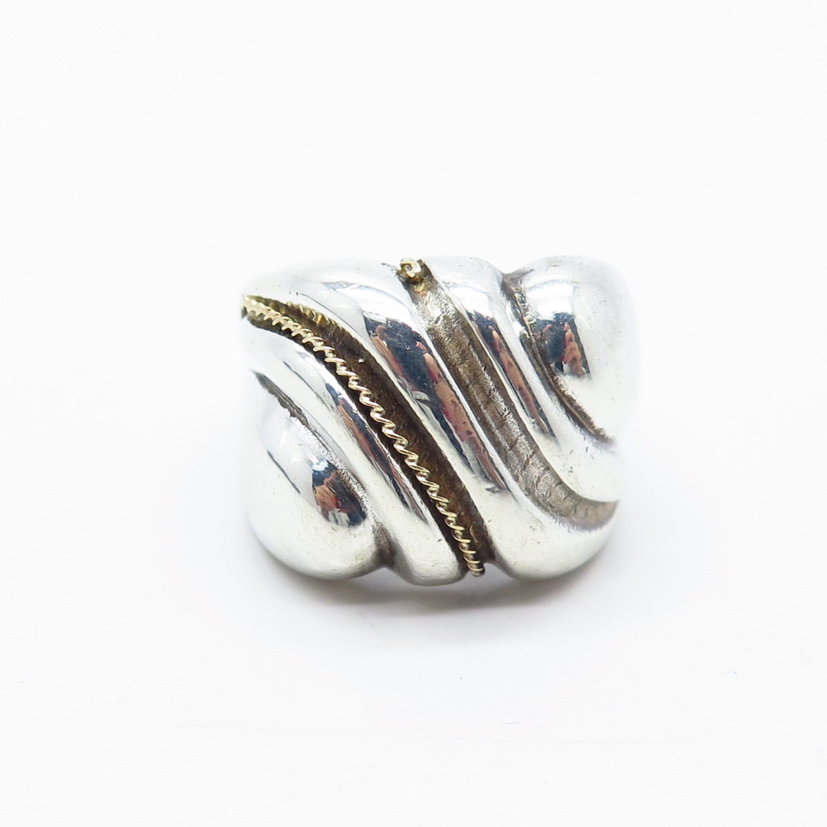 925 Sterling Silver / 14K Gold Vintage Ribbed Wide Ring Size 8.5