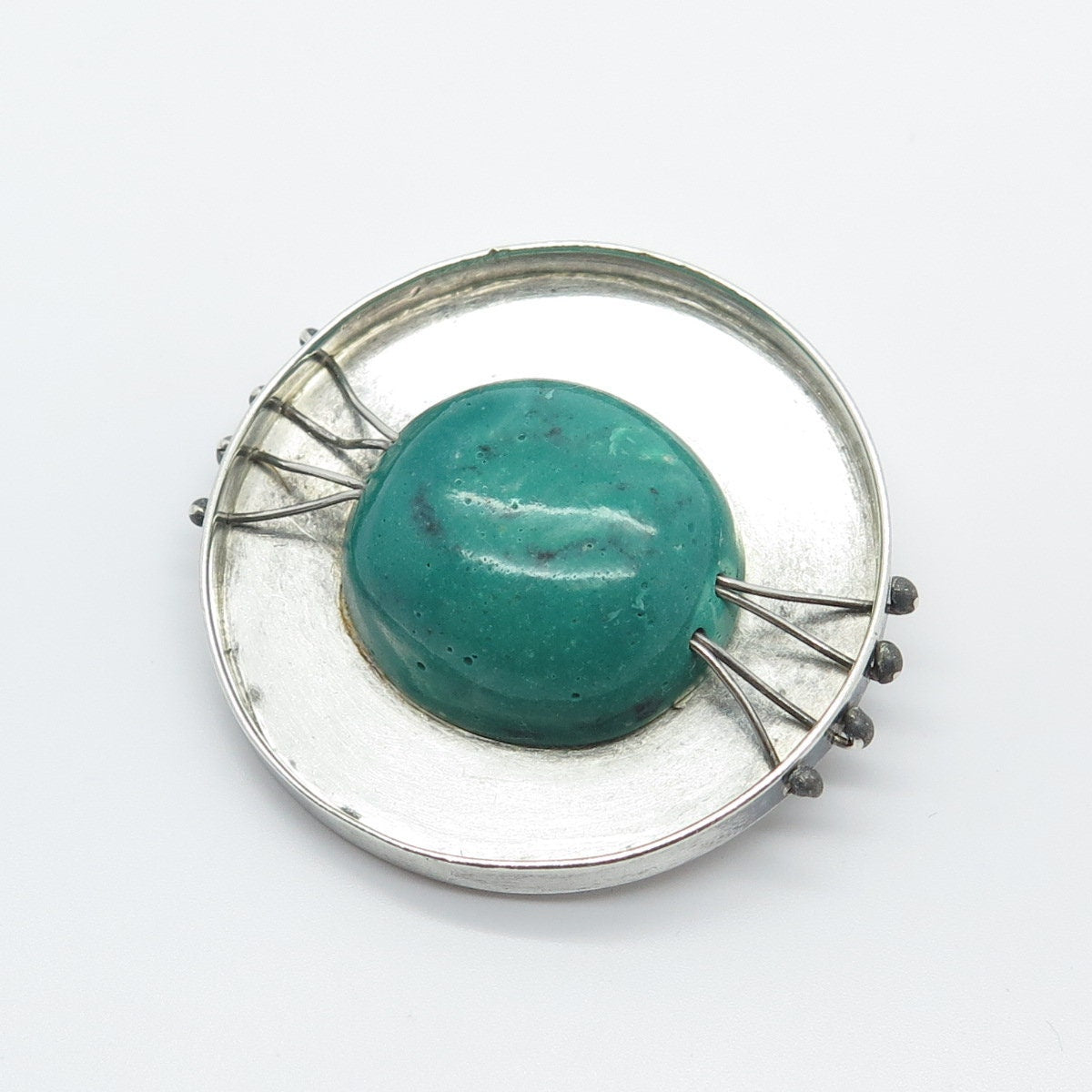 925 Sterling Silver Vintage Real Turquoise Gem Round Modernist Pin Brooch