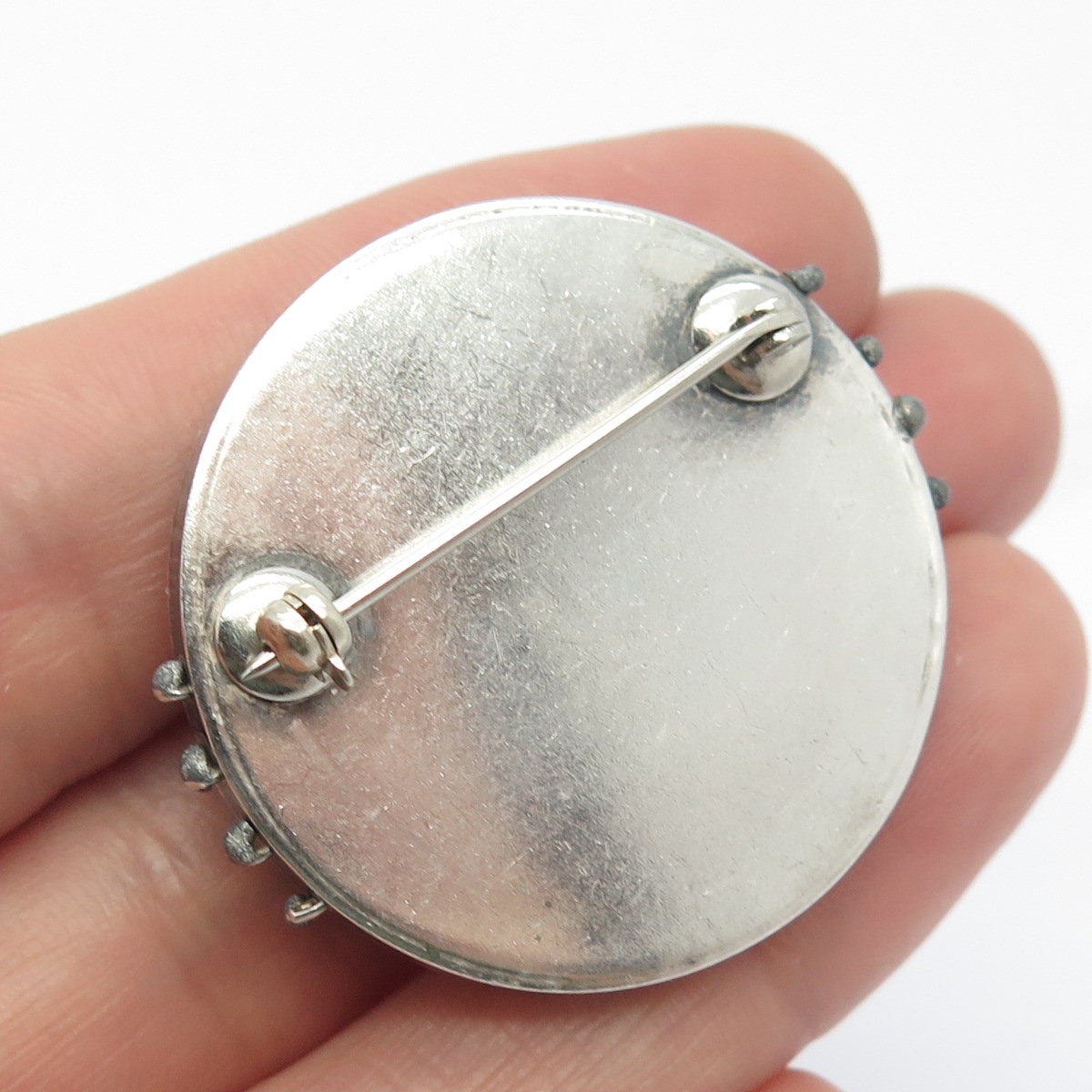 925 Sterling Silver Vintage Real Turquoise Gem Round Modernist Pin Brooch