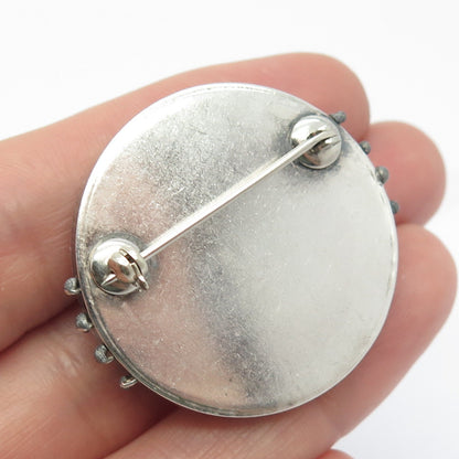 925 Sterling Silver Vintage Real Turquoise Gem Round Modernist Pin Brooch