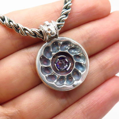 925 Sterling Silver 2-Tone Vintage Real Amethyst Gem Fancy Chain Necklace 16"