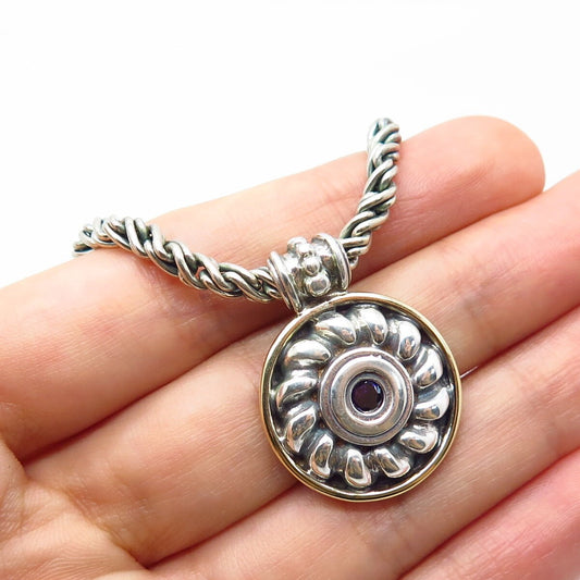 925 Sterling Silver 2-Tone Vintage Real Amethyst Gem Fancy Chain Necklace 16"