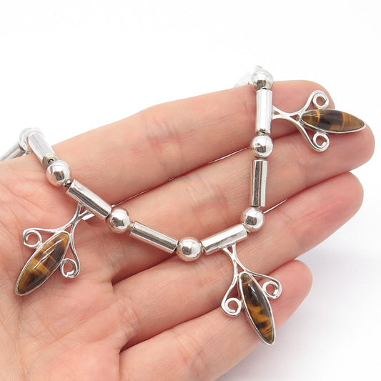 925 Sterling Silver Vintage Mexico Tiger Eye Gem Bar & Bead Chain Necklace 16"