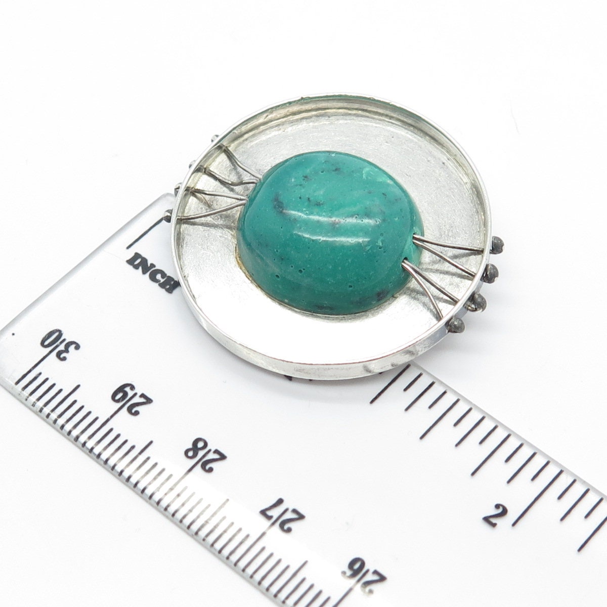 925 Sterling Silver Vintage Real Turquoise Gem Round Modernist Pin Brooch