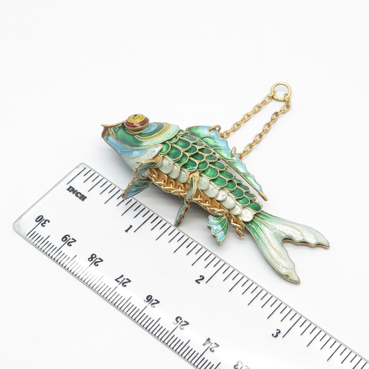 925 Sterling Silver Gold Plated Antique Enamel Chinese Koi Fish Chatelaine Fob