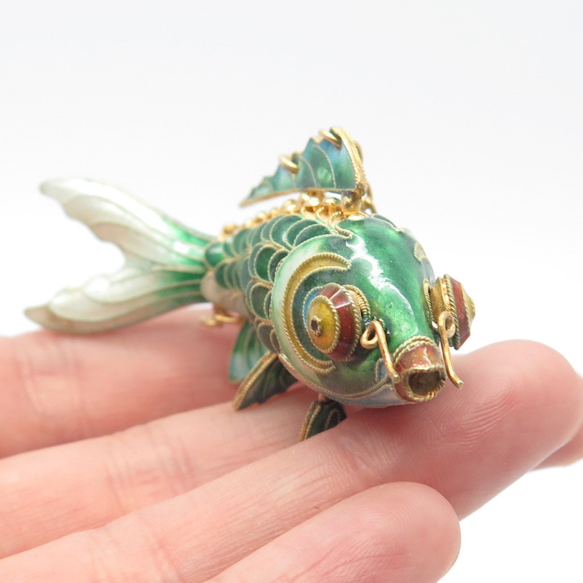 925 Sterling Silver Gold Plated Antique Enamel Chinese Koi Fish Chatelaine Fob