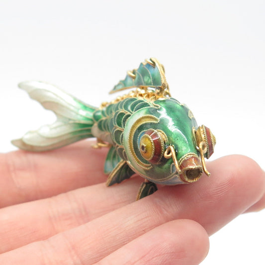 925 Sterling Silver Gold Plated Antique Enamel Chinese Koi Fish Chatelaine Fob