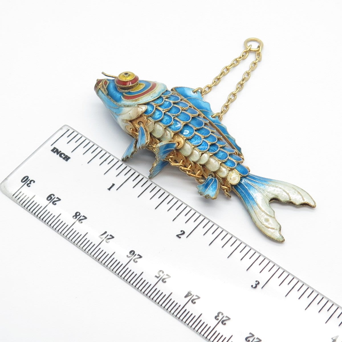 925 Sterling Silver Gold Plated Enamel Antique Chinese Koi Fish Chatelaine Fob