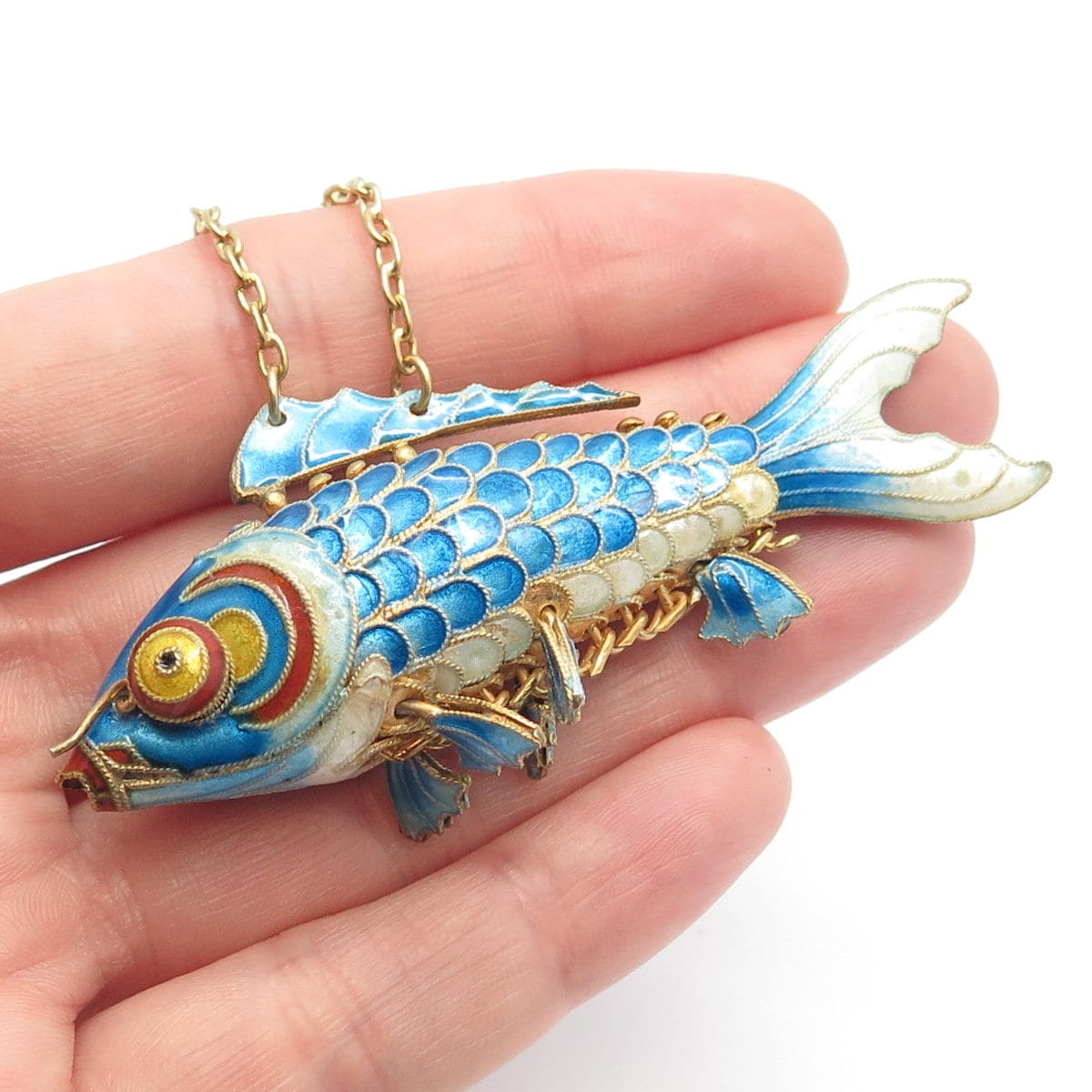 925 Sterling Silver Gold Plated Enamel Antique Chinese Koi Fish Chatelaine Fob