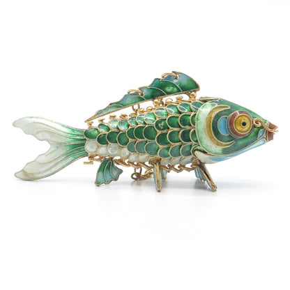 925 Sterling Silver Gold Plated Antique Enamel Chinese Koi Fish Chatelaine Fob