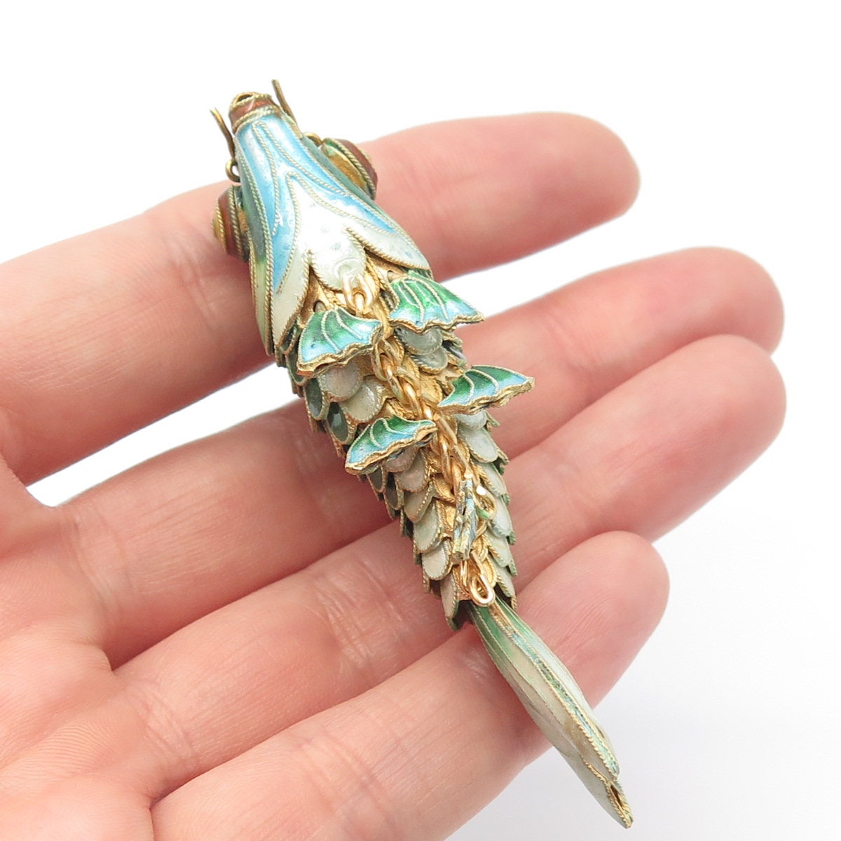 925 Sterling Silver Gold Plated Antique Enamel Chinese Koi Fish Chatelaine Fob