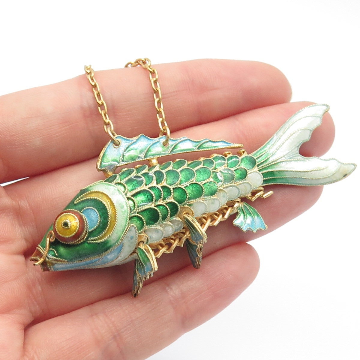 925 Sterling Silver Gold Plated Antique Enamel Chinese Koi Fish Chatelaine Fob
