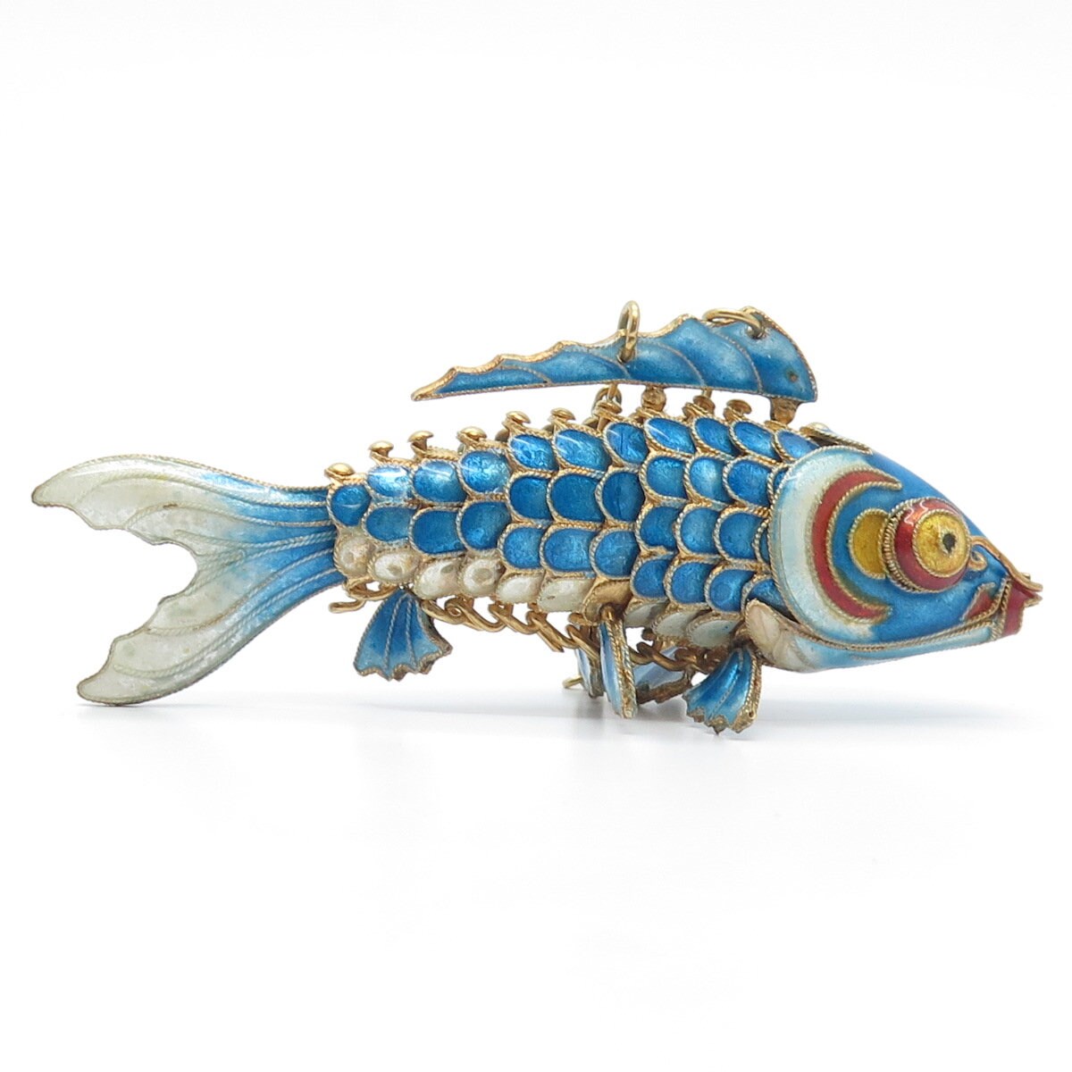 925 Sterling Silver Gold Plated Enamel Antique Chinese Koi Fish Chatelaine Fob