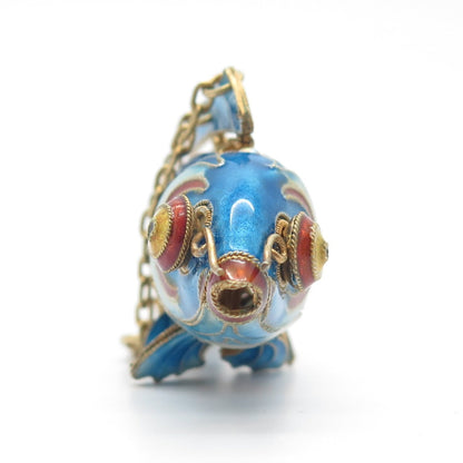 925 Sterling Silver Gold Plated Enamel Antique Chinese Koi Fish Chatelaine Fob