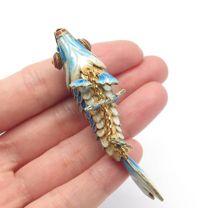 925 Sterling Silver Gold Plated Enamel Antique Chinese Koi Fish Chatelaine Fob