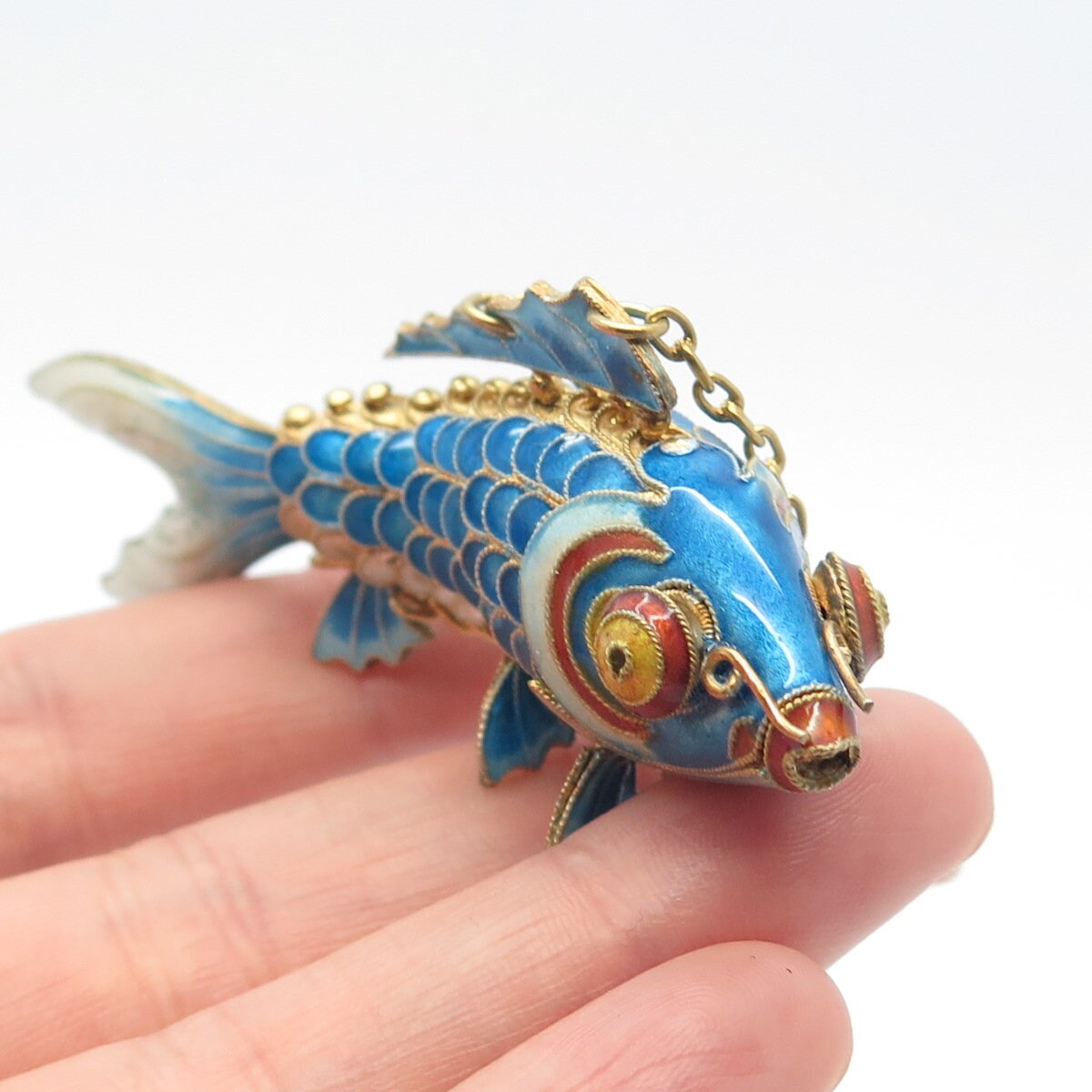 925 Sterling Silver Gold Plated Enamel Antique Chinese Koi Fish Chatelaine Fob