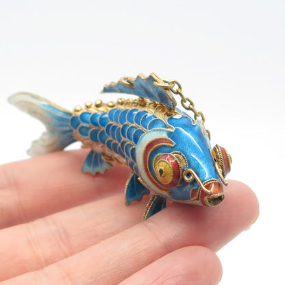 925 Sterling Silver Gold Plated Enamel Antique Chinese Koi Fish Chatelaine Fob
