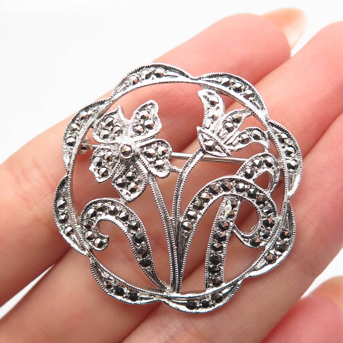925 Sterling Silver Antique Real Marcasite Gemstone Floral Pin Brooch