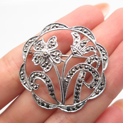 925 Sterling Silver Antique Real Marcasite Gemstone Floral Pin Brooch