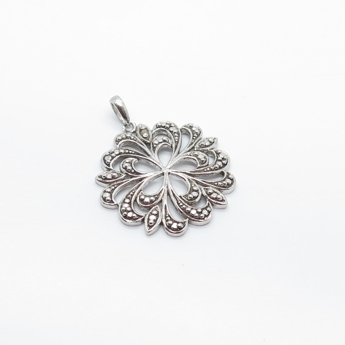 925 Sterling Silver Vintage Real White Diamond Accent Ornate Pendant