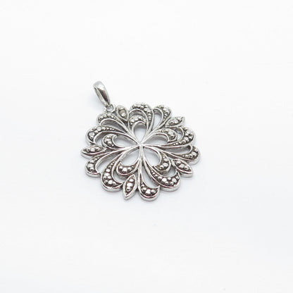925 Sterling Silver Vintage Real White Diamond Accent Ornate Pendant