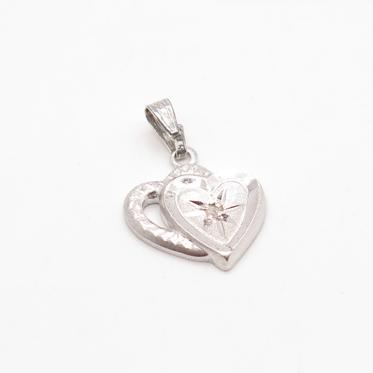 925 Sterling Silver Vintage Real Diamond Accent Couple of Heart Pendant