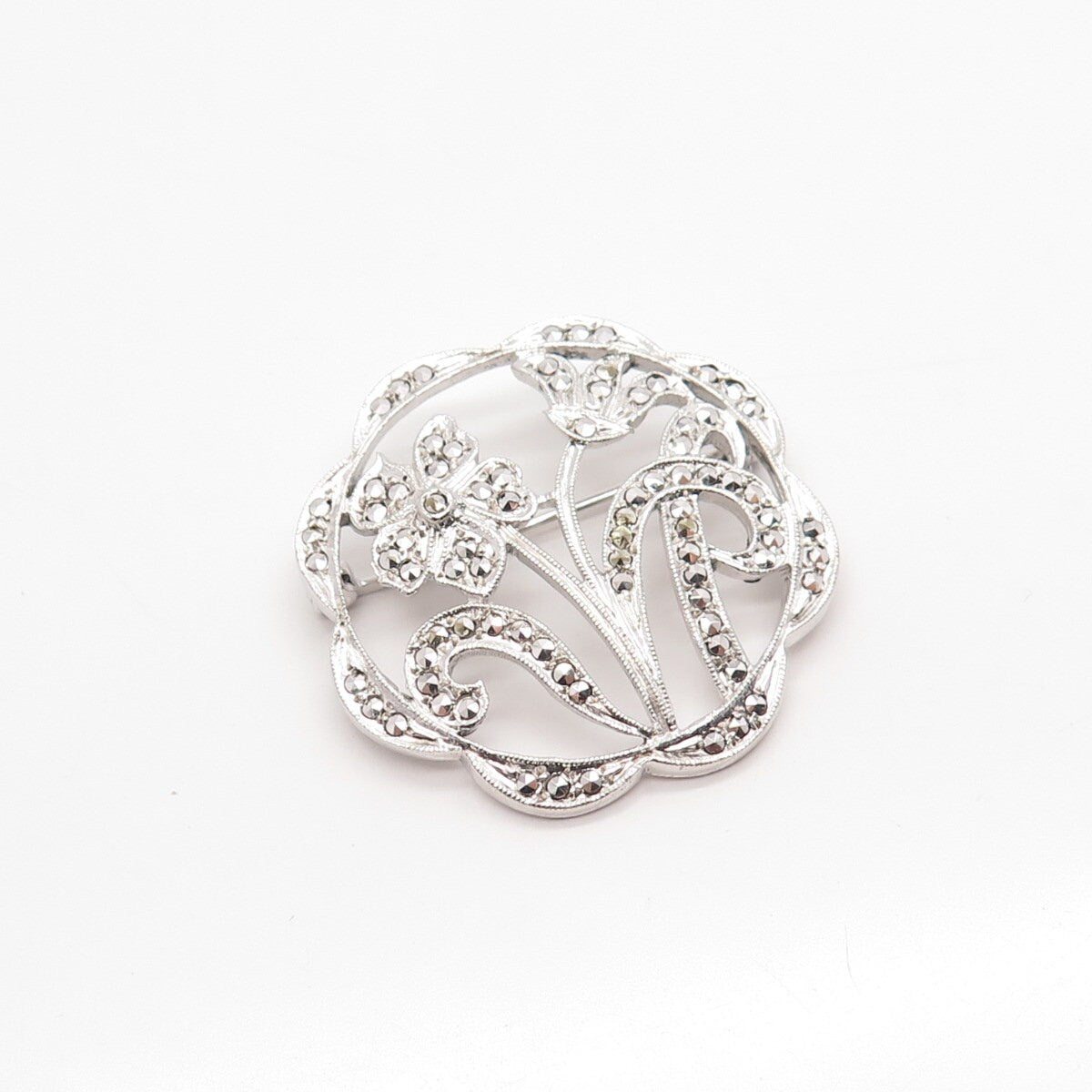 925 Sterling Silver Antique Real Marcasite Gemstone Floral Pin Brooch