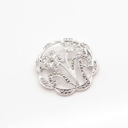 925 Sterling Silver Antique Real Marcasite Gemstone Floral Pin Brooch