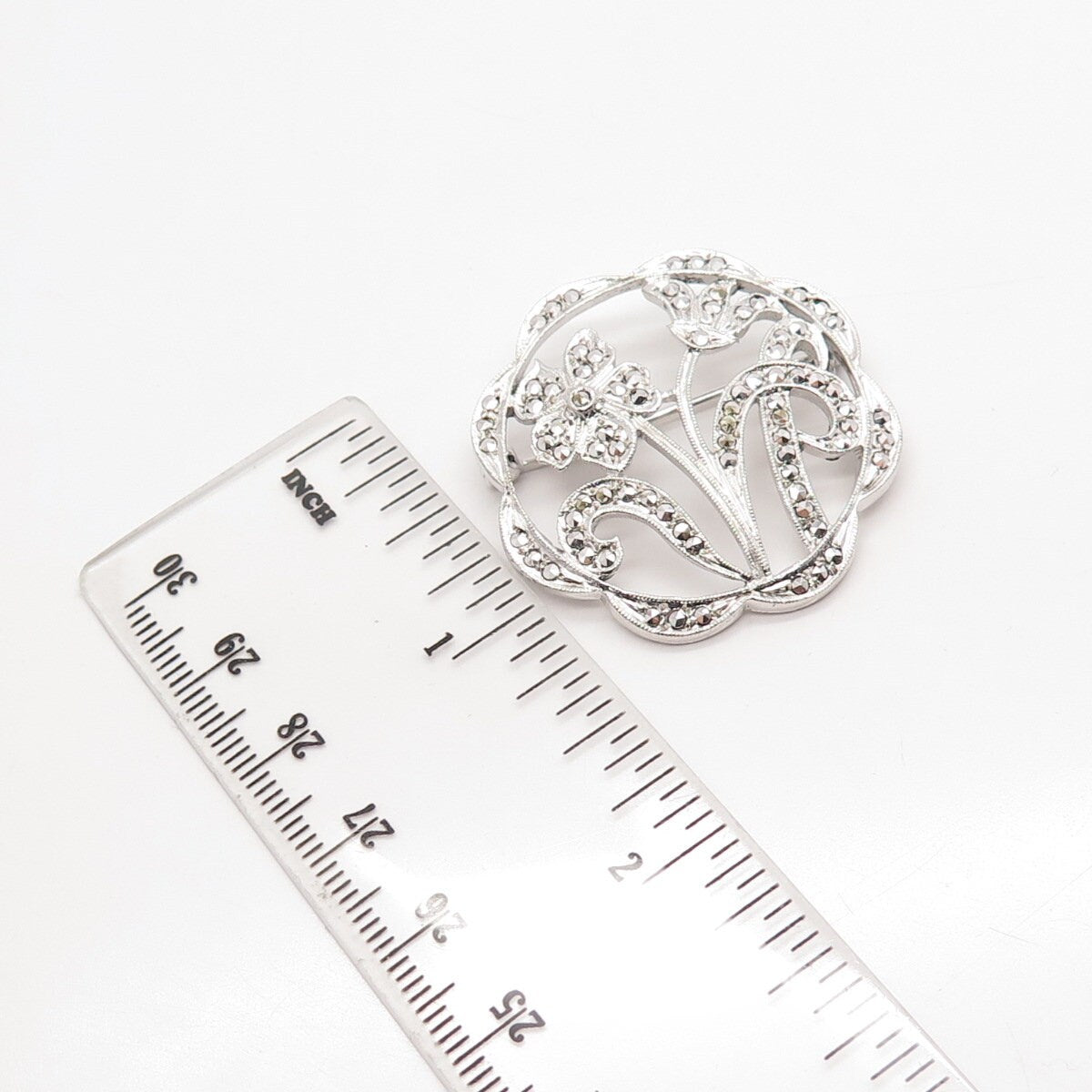 925 Sterling Silver Antique Real Marcasite Gemstone Floral Pin Brooch