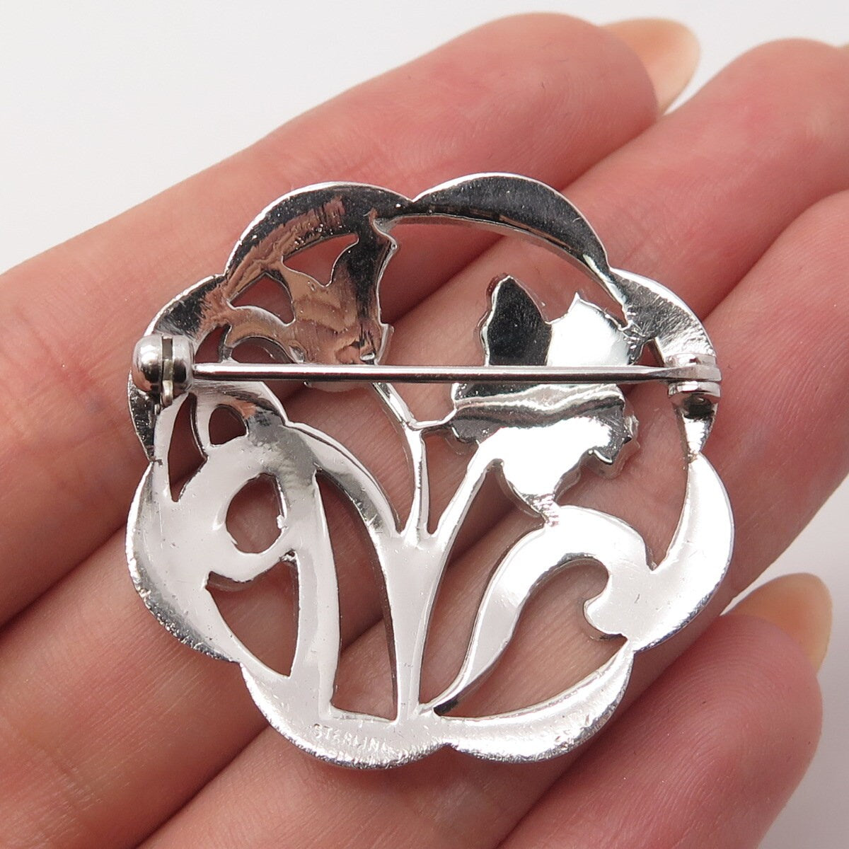 925 Sterling Silver Antique Real Marcasite Gemstone Floral Pin Brooch