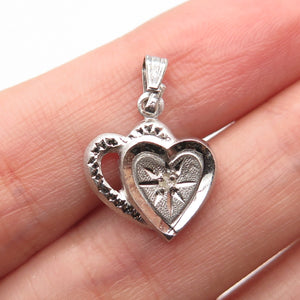 925 Sterling Silver Vintage Real Diamond Accent Couple of Heart Pendant