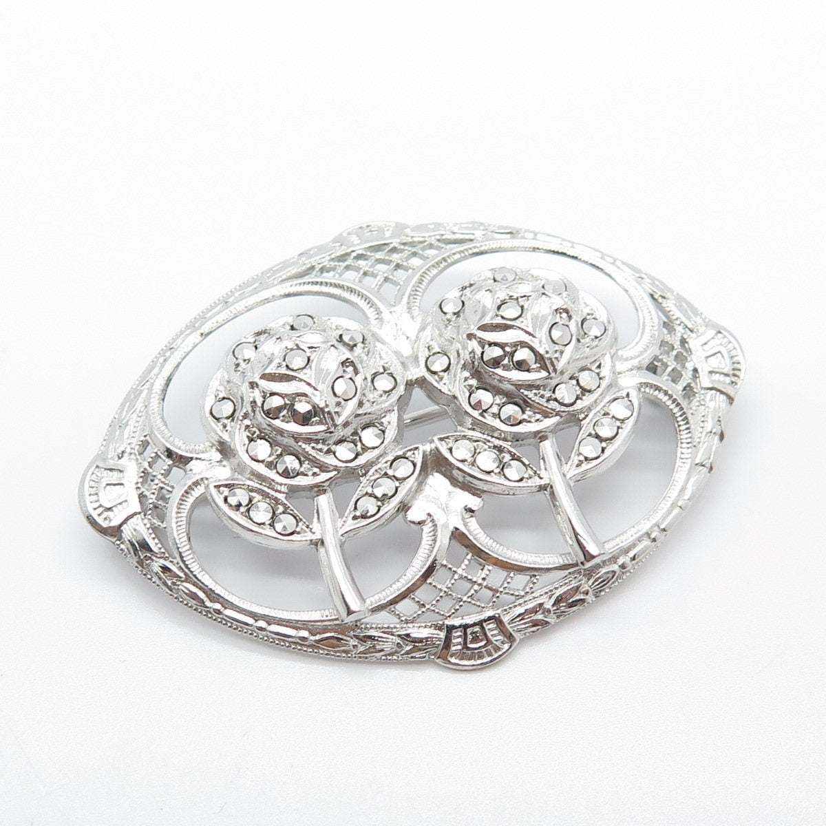 925 Sterling Silver Antique Real Marcasite Gemstone Rose Floral Pin Brooch