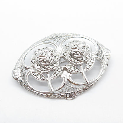 925 Sterling Silver Antique Real Marcasite Gemstone Rose Floral Pin Brooch