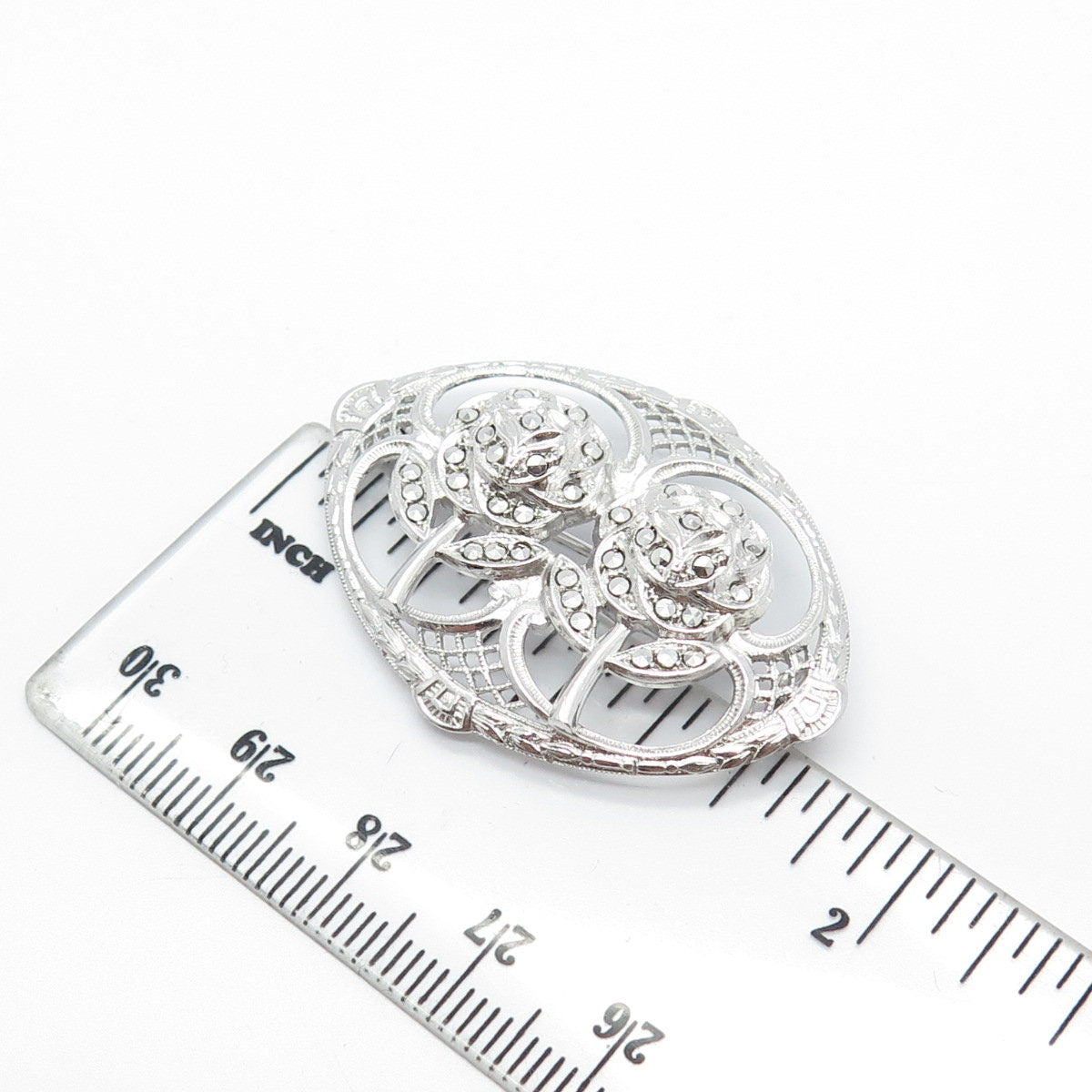 925 Sterling Silver Antique Real Marcasite Gemstone Rose Floral Pin Brooch