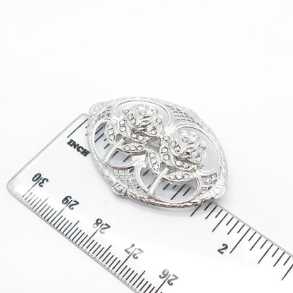 925 Sterling Silver Antique Real Marcasite Gemstone Rose Floral Pin Brooch