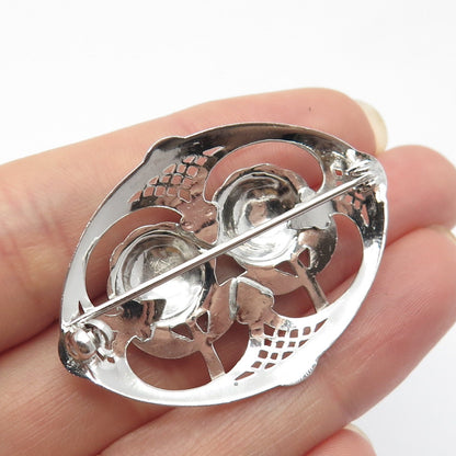 925 Sterling Silver Antique Real Marcasite Gemstone Rose Floral Pin Brooch