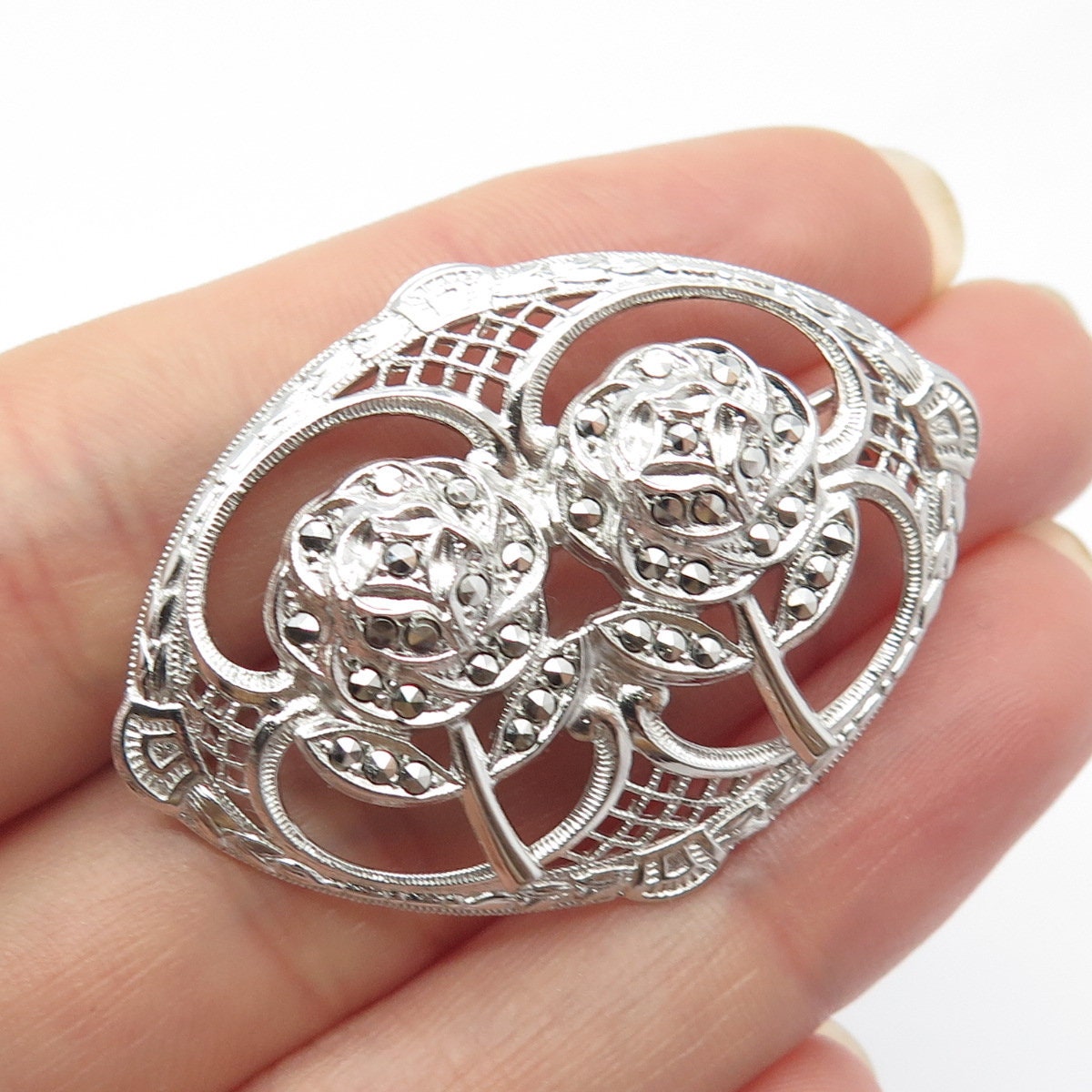 925 Sterling Silver Antique Real Marcasite Gemstone Rose Floral Pin Brooch